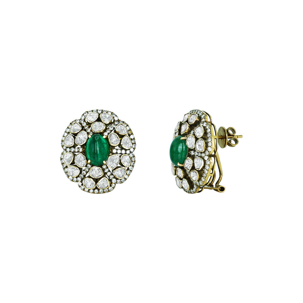 Emerald-Centered Polki Stud Antique Earrings with Floral Diamond Halo
